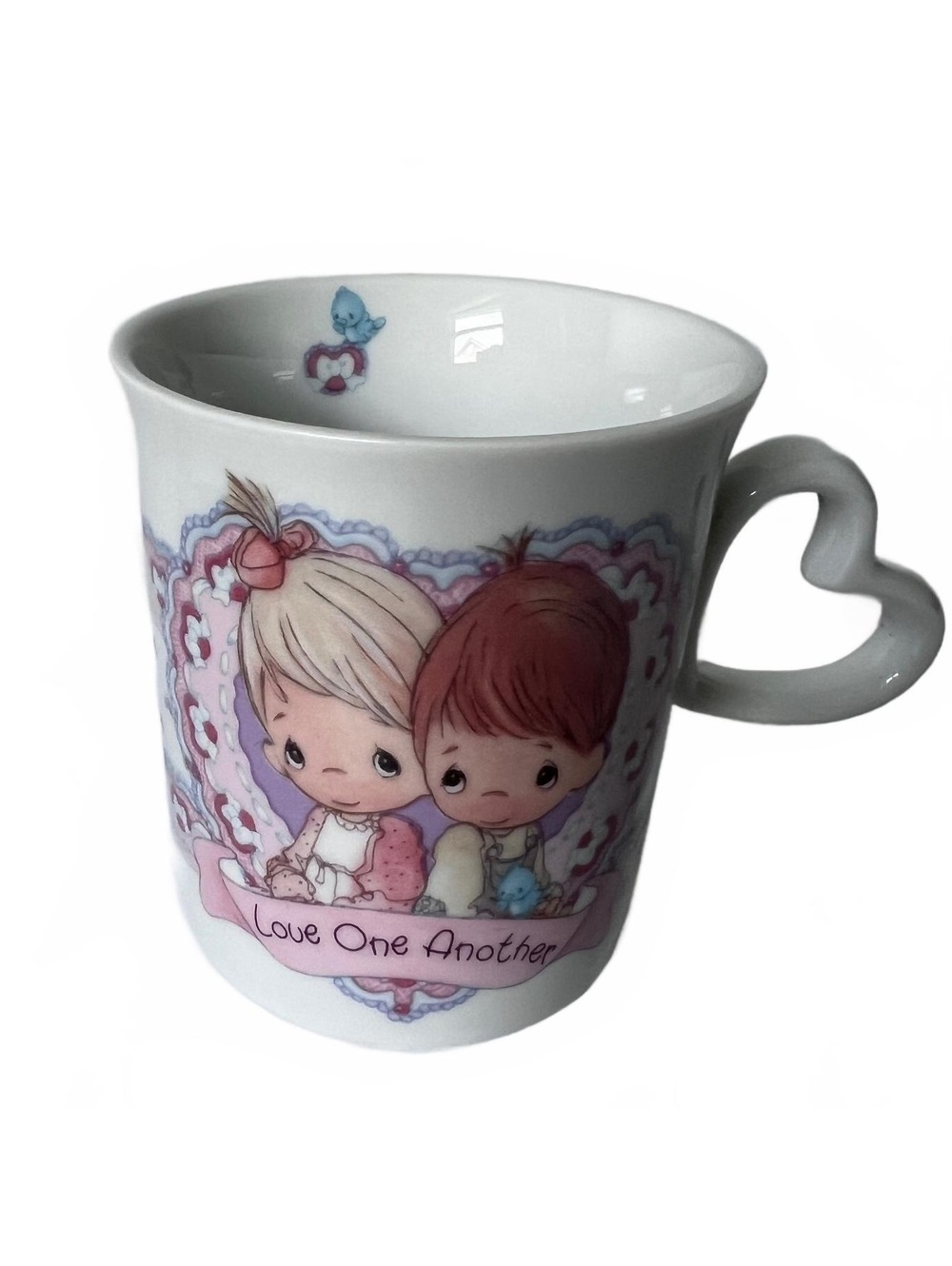 Vintage Precious Moments Love One Another Ceramic Mug Heart Handle 1992